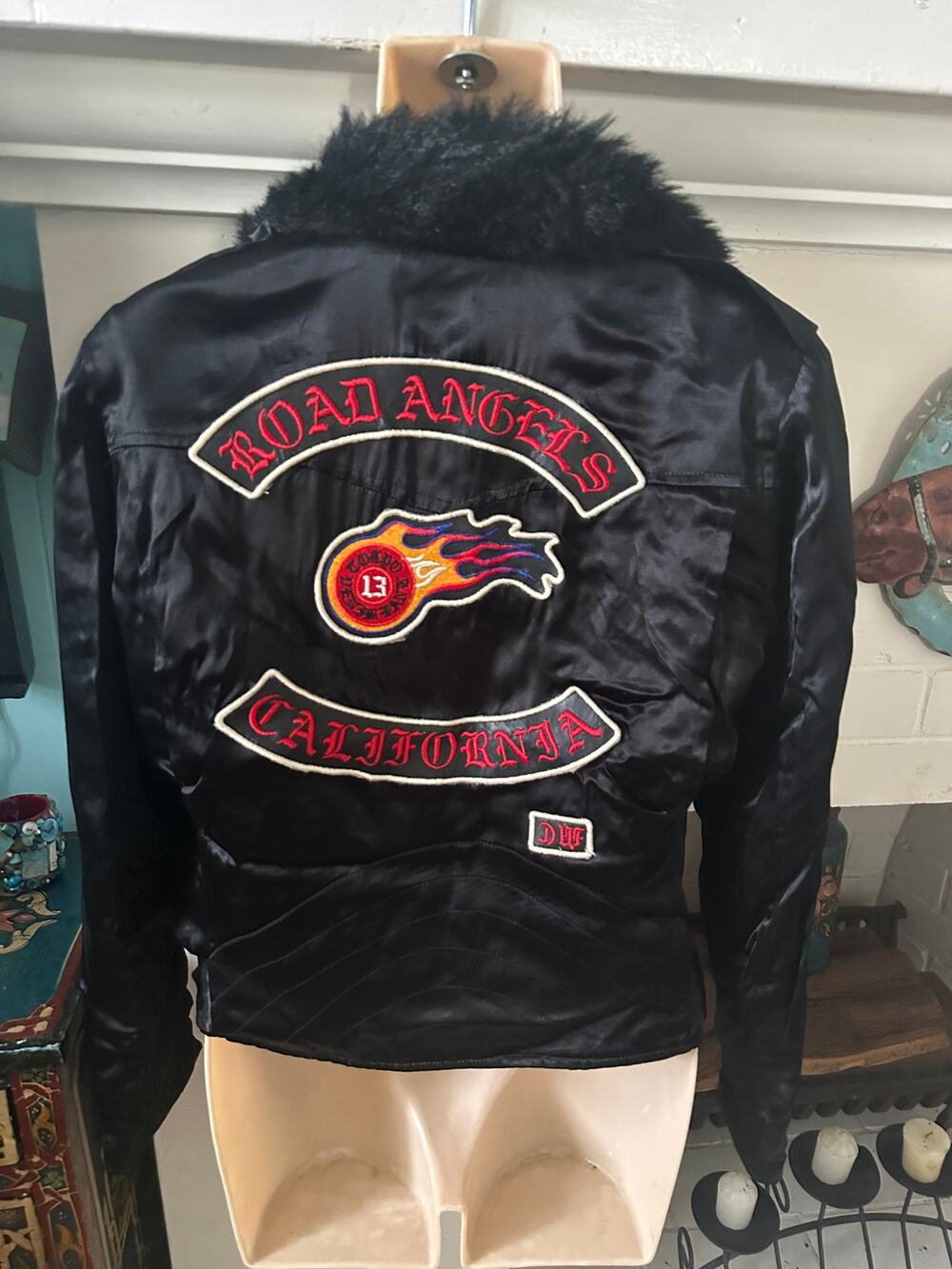 VINTAGE TOKYO DENIM BANK BLACK SATIN QUILT LINED BIKER MOTO JACKET W/PATCHES